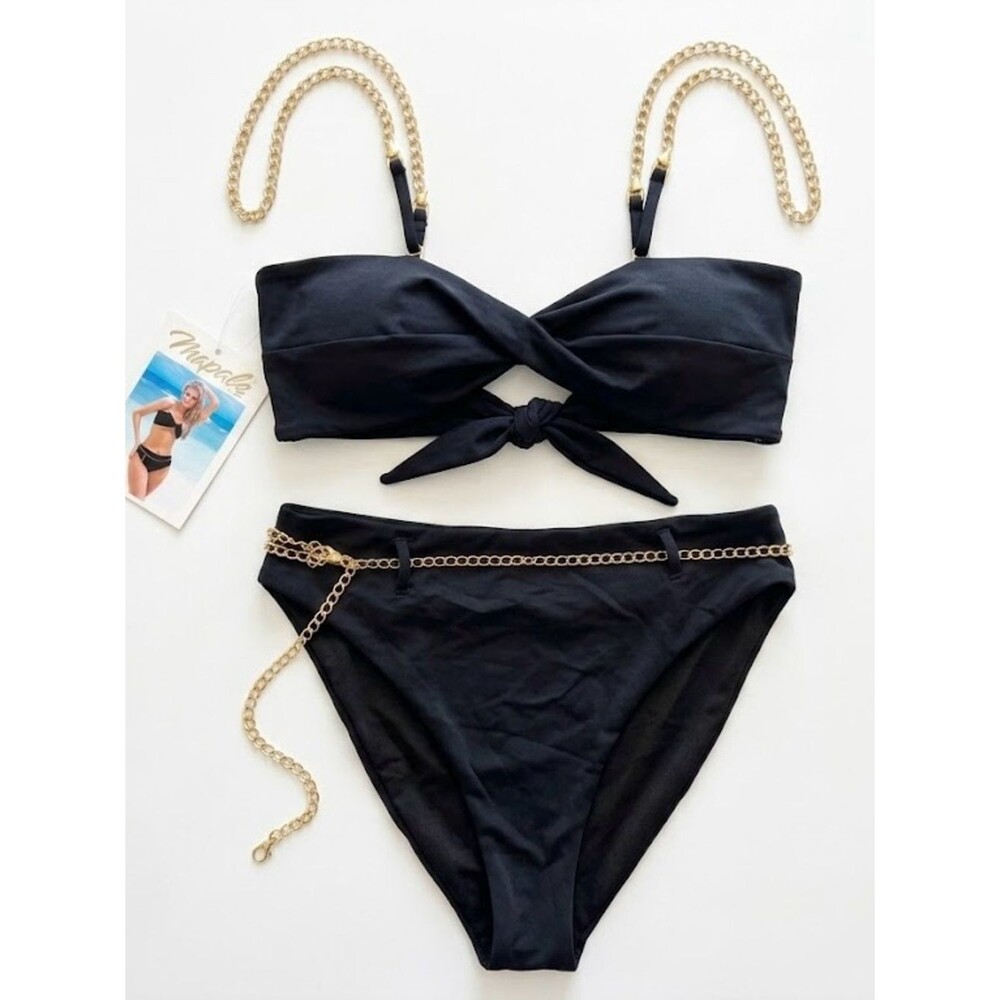 Mapale Black Bikini with Gold Chain Straps and Belt Size S/M NEW
